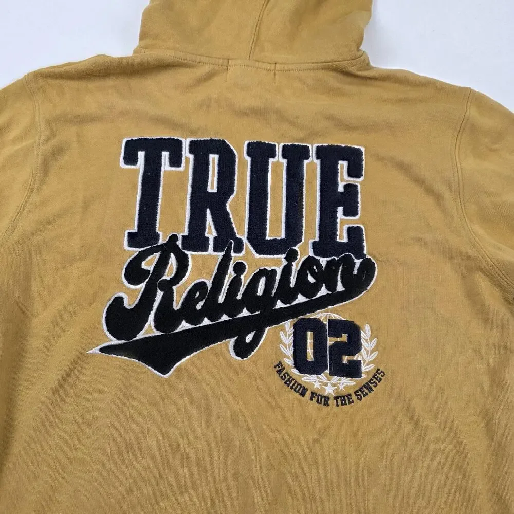 True Religion Hoodie Mens Small Tan‎ Pullover Embroidered Logo Retro Streetwear